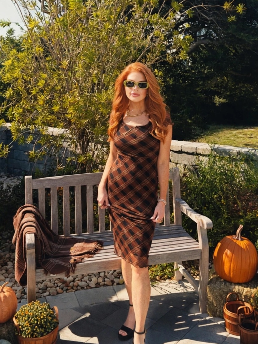 Plaid Midi Bodycon Dress in Brown